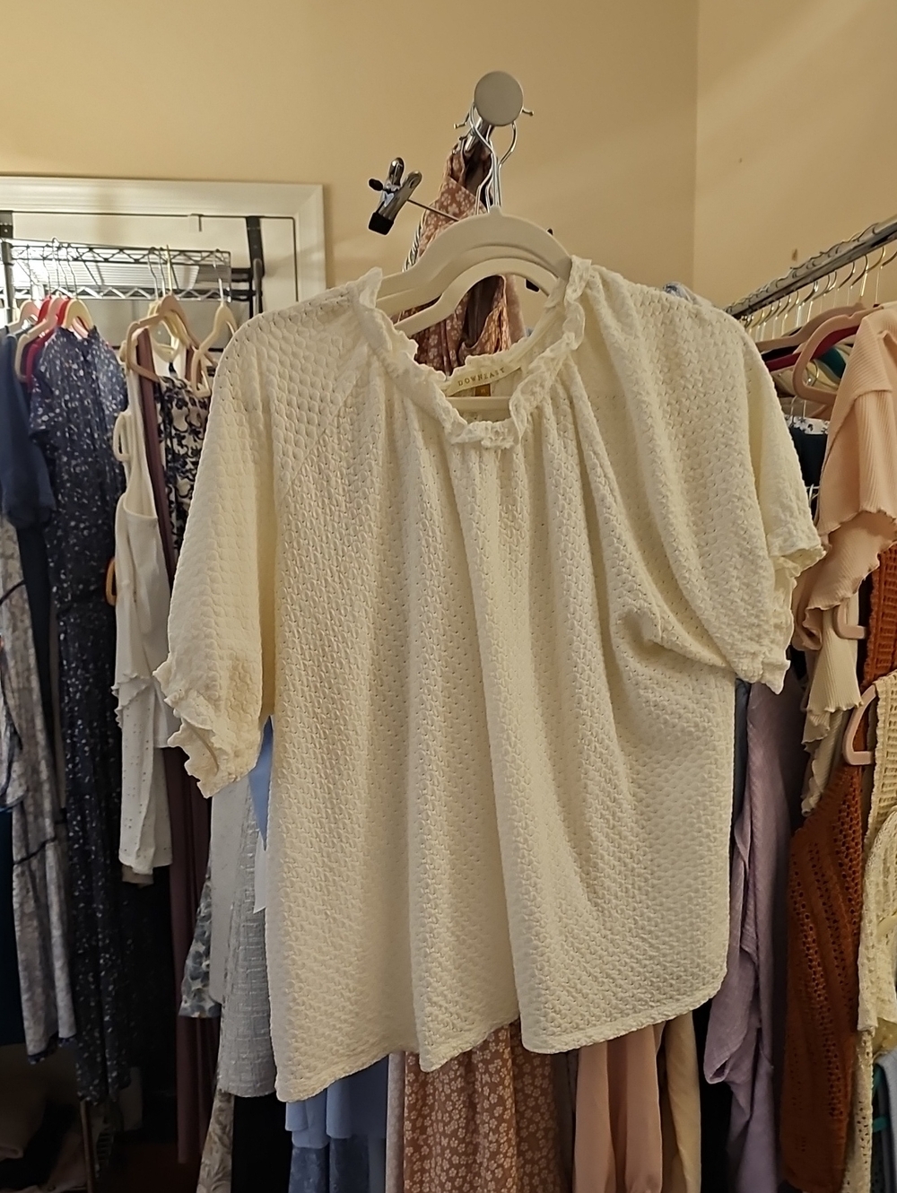 DownEast Cream Textured Ruffle-Neck Blouse